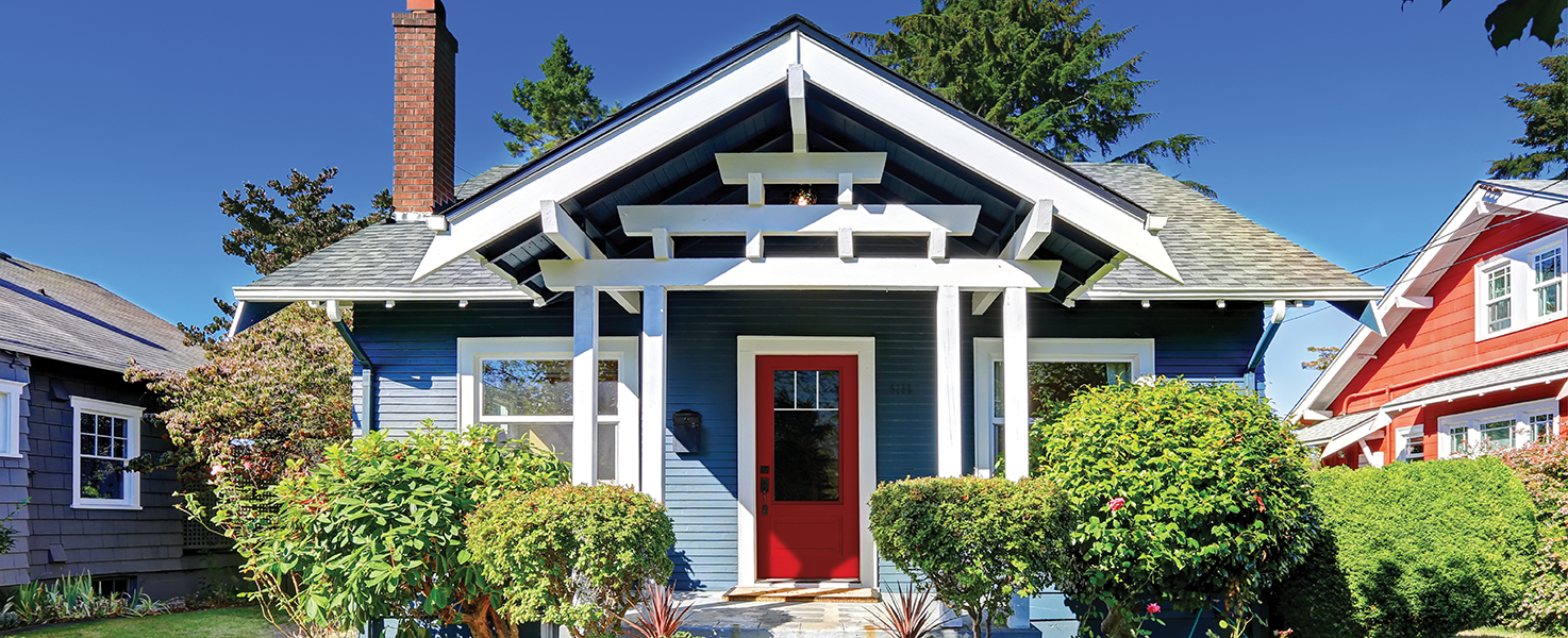 Light blue house with white trim